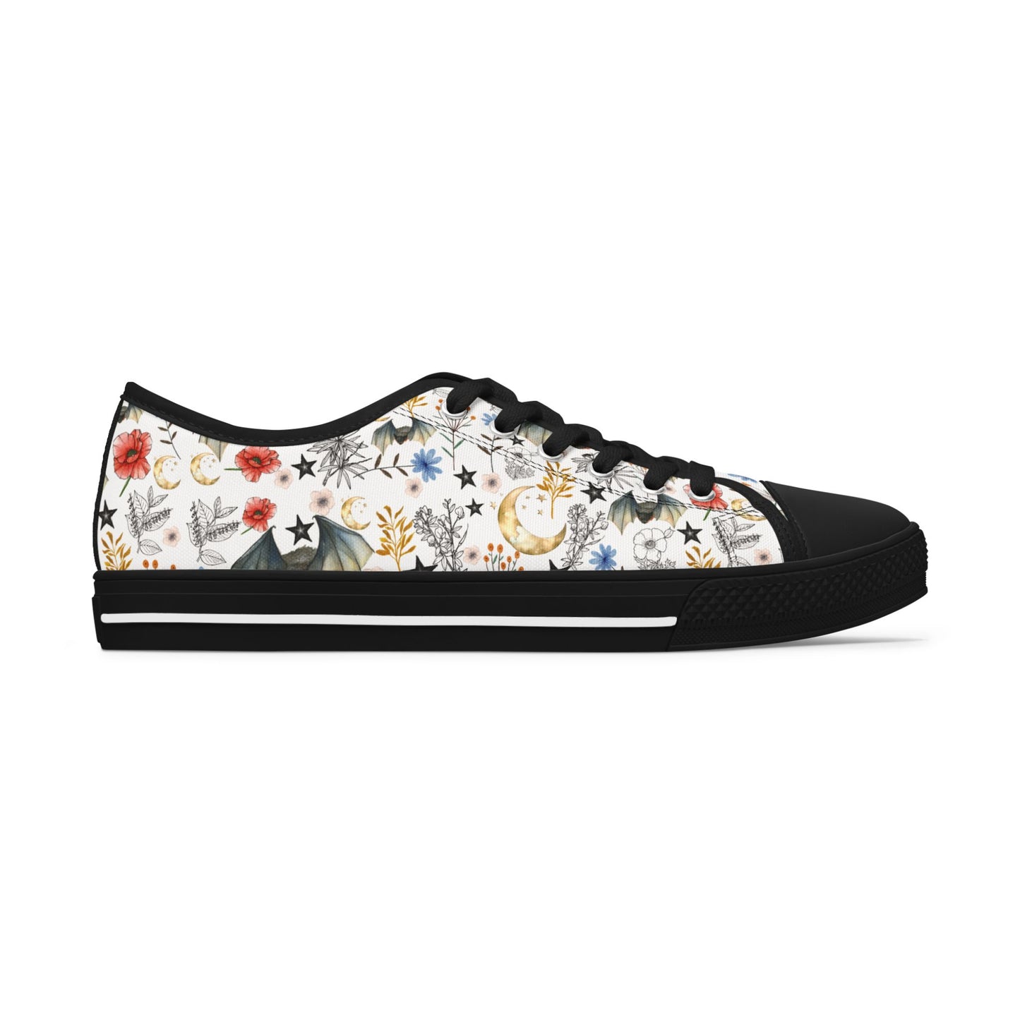 Floral Constellation Bat Low-Top Sneakers — Women's Casual Garden Print Shoes