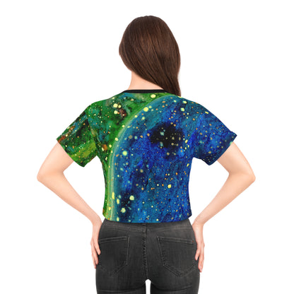 Galaxy Splash Crop Tee — Abstract Blue & Green Cosmic Art Top