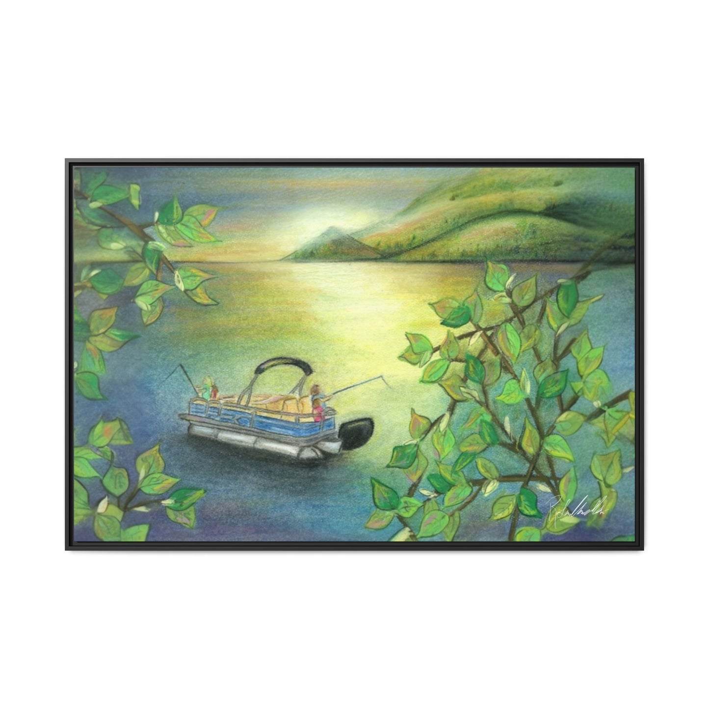 Pontoon Boat on Lake Framed Wall Art