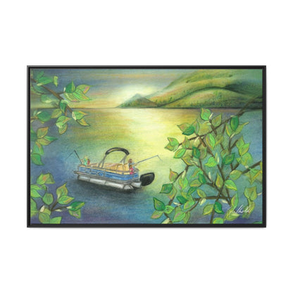 Pontoon Boat on Lake Framed Wall Art