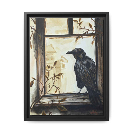 Framed Matte Canvas Print — Raven on Windowpane Wall Art