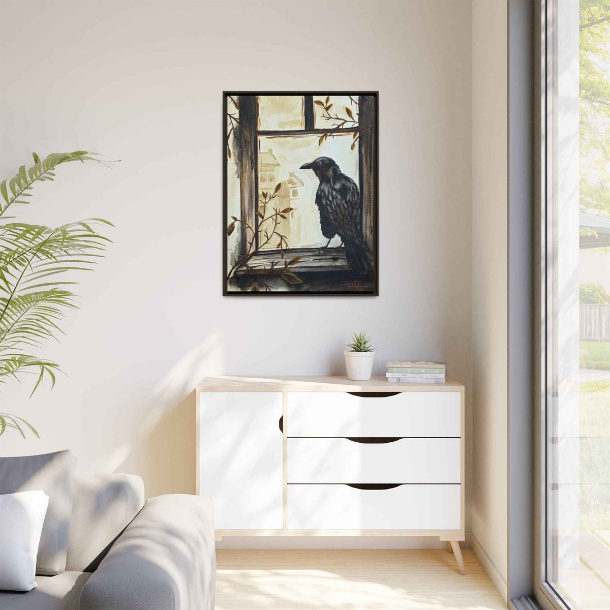 Framed Matte Canvas Print — Raven on Windowpane Wall Art
