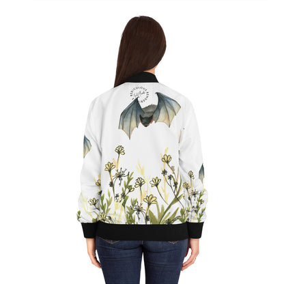Floral Bat Bomber Jacket — Women's Graphic Bomber with Meadow & Flying Bats