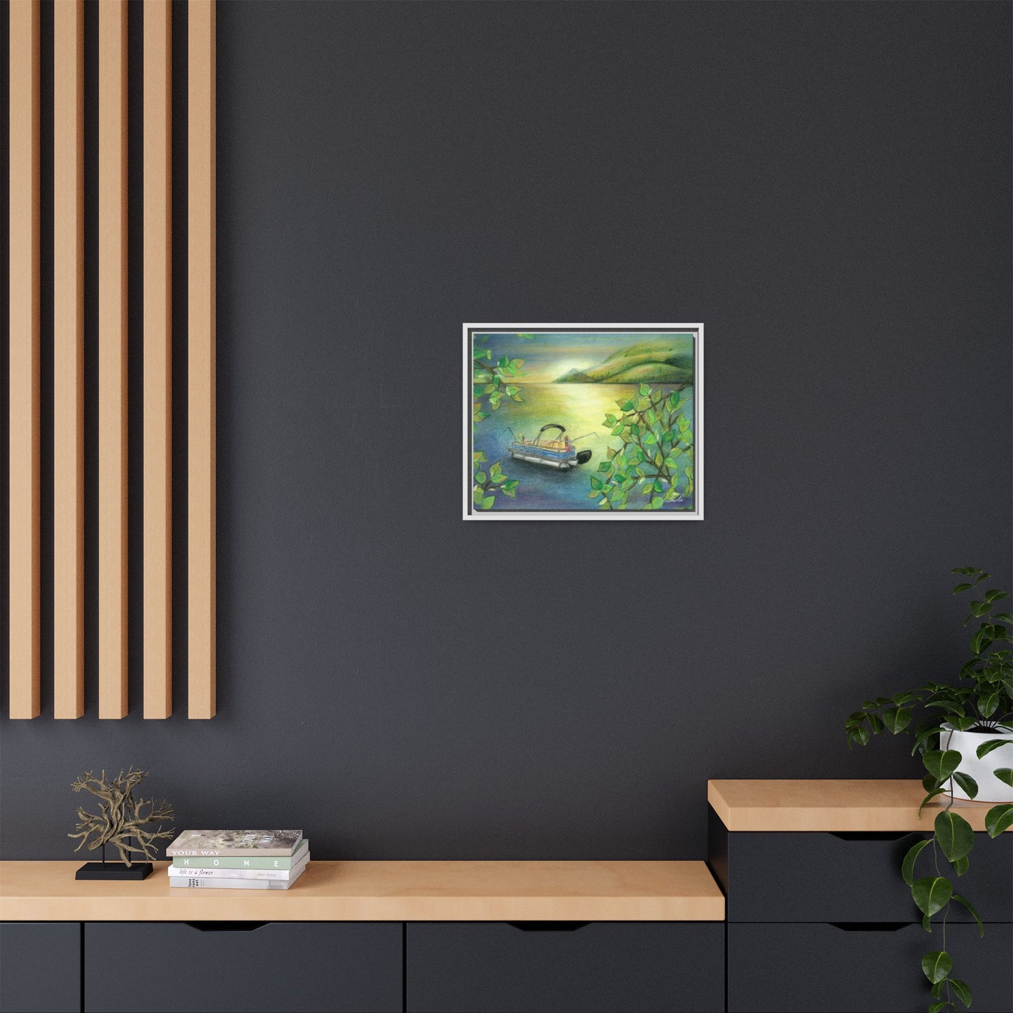 Pontoon Boat on Lake Framed Wall Art