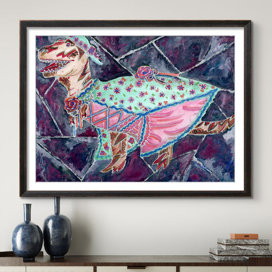 Stained Glass Fancy T-Rex Dinosaur in Dress 8x10 Museum Grade Fine Art Print