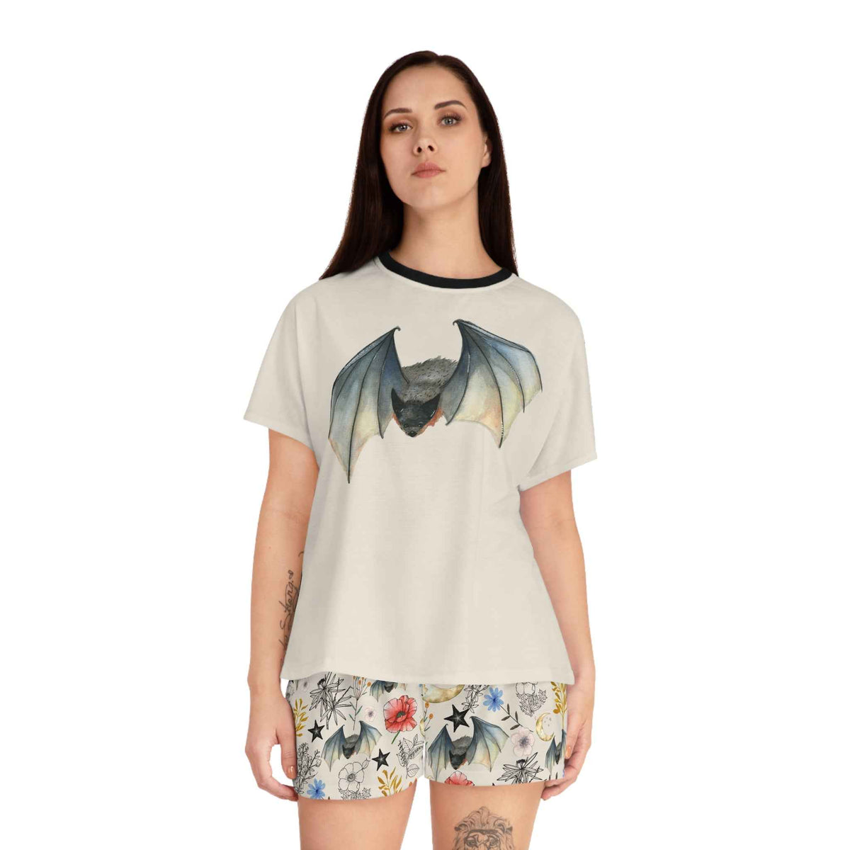 Bat Floral Women's Short Pajama Set — Cute Nightwear with Bat & Floral Print