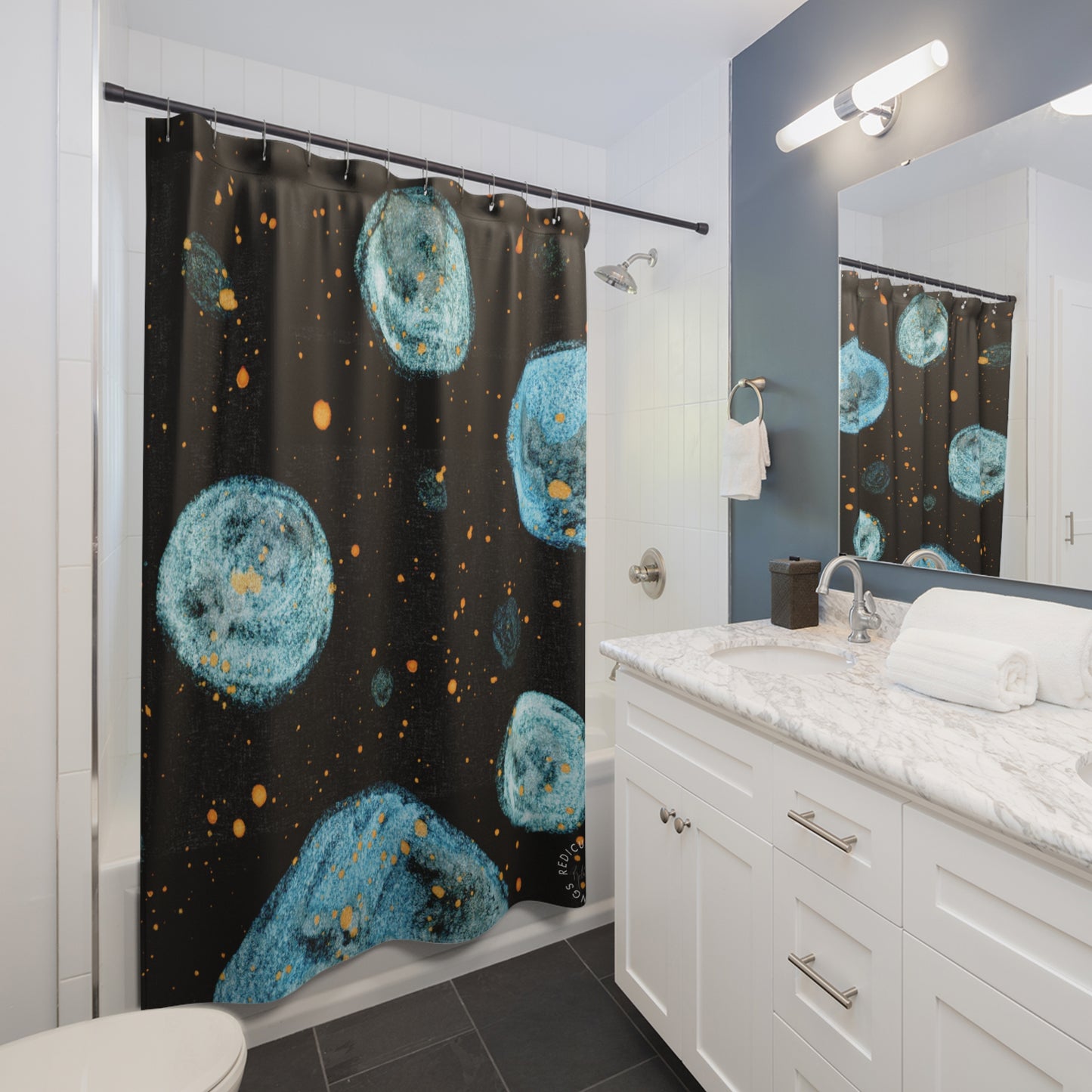 Little Blue Planets Galaxy Shower Curtain for Home Bathroom with Durable One-Sided Print and Waterproof Polyester Material