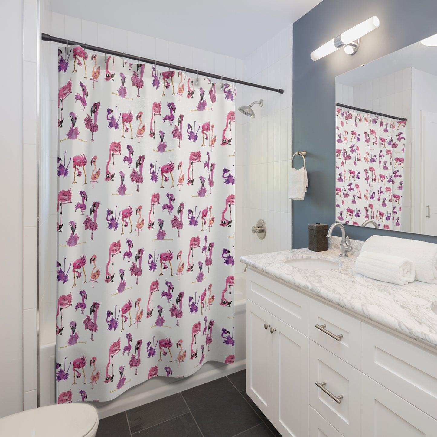 Flamingo Pattern Shower Curtain — Whimsical Pink & Purple Tropical Bath Decor