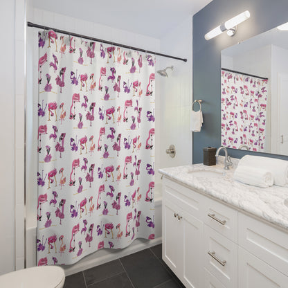 Flamingo Pattern Shower Curtain — Whimsical Pink & Purple Tropical Bath Decor