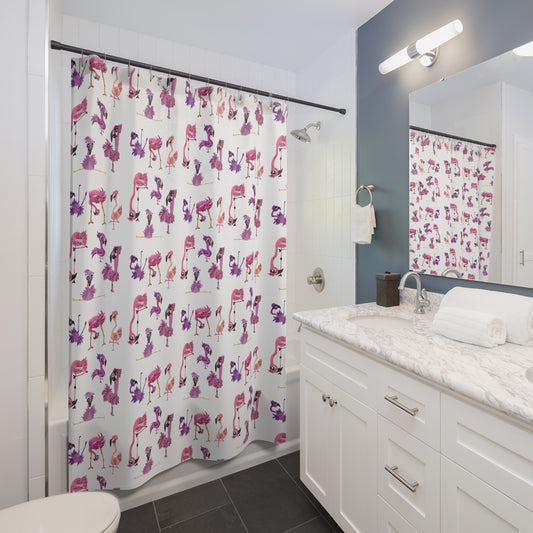 Flamingo Pattern Shower Curtain — Whimsical Pink & Purple Tropical Bath Decor