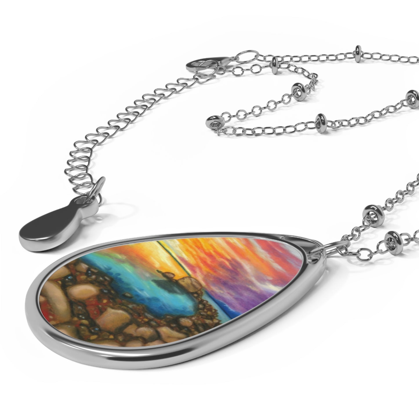 Silver Oval Pendant Necklace with Hand-painted Sunset Ocean Nature Art