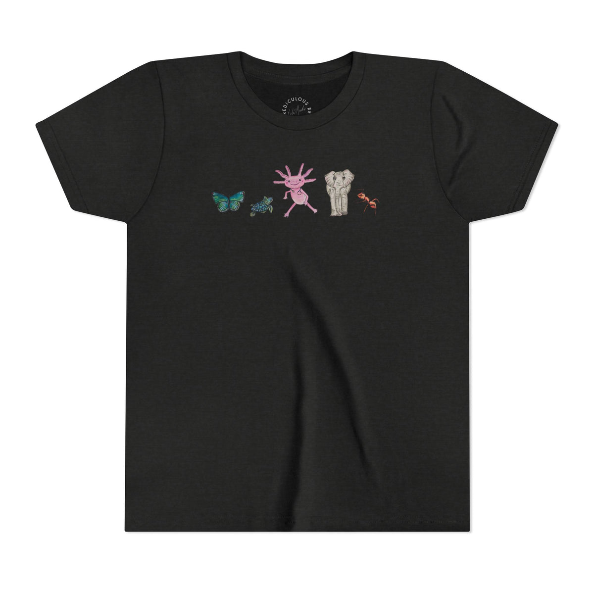 Youth Tee — Whimsical Critters (butterfly, ant, axolotl, elephant)