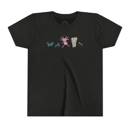 Youth Tee — Whimsical Critters (butterfly, ant, axolotl, elephant)