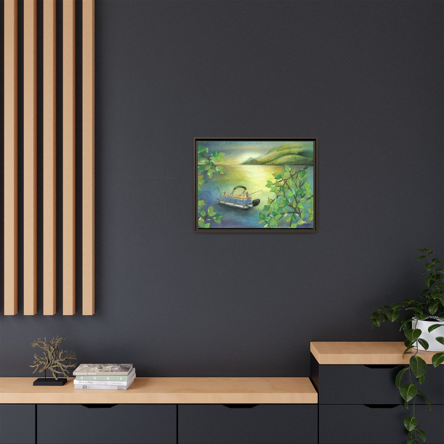 Pontoon Boat on Lake Framed Wall Art
