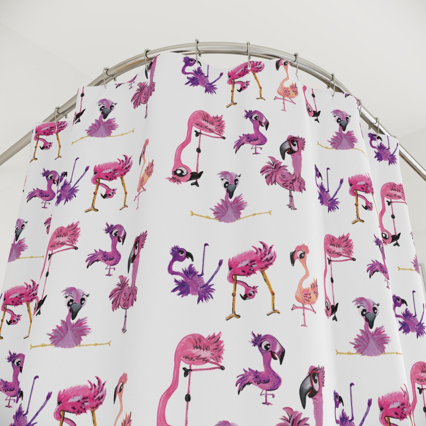 Flamingo Pattern Shower Curtain — Whimsical Pink & Purple Tropical Bath Decor