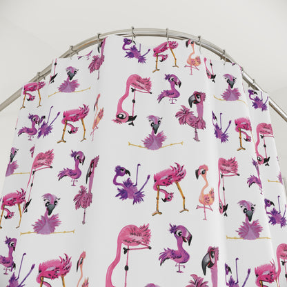 Flamingo Pattern Shower Curtain — Whimsical Pink & Purple Tropical Bath Decor