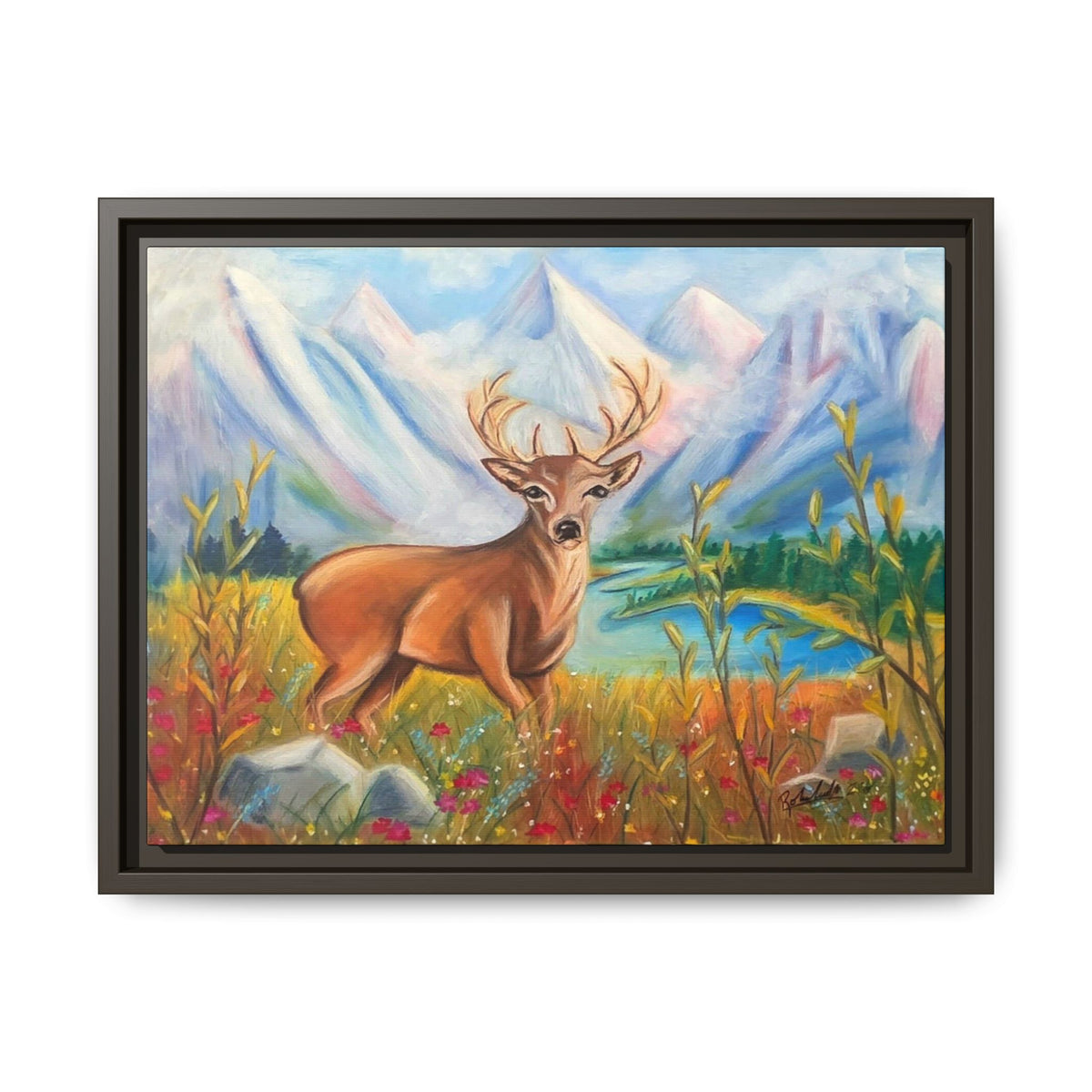 Framed Canvas Wall Art — Majestic Deer in Mountain Meadow