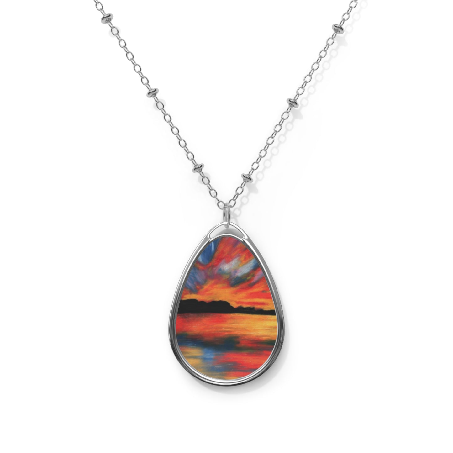 Silver Oval Pendant Necklace with Hand-painted Boho Sunset Lake Nature Art