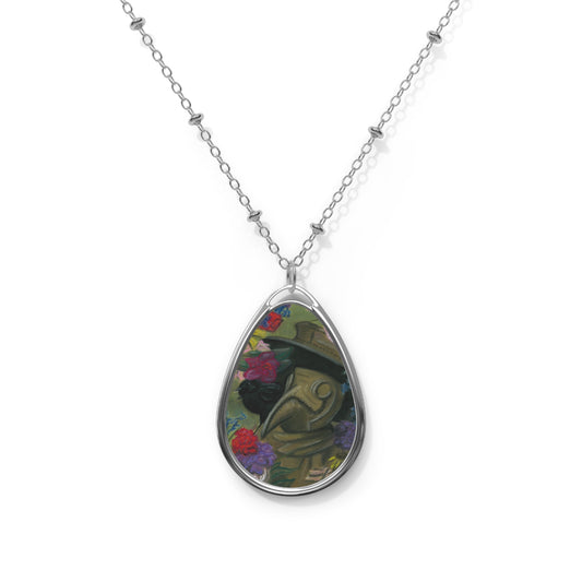 Plague Doctor, Flowers and Raven Oval Necklace