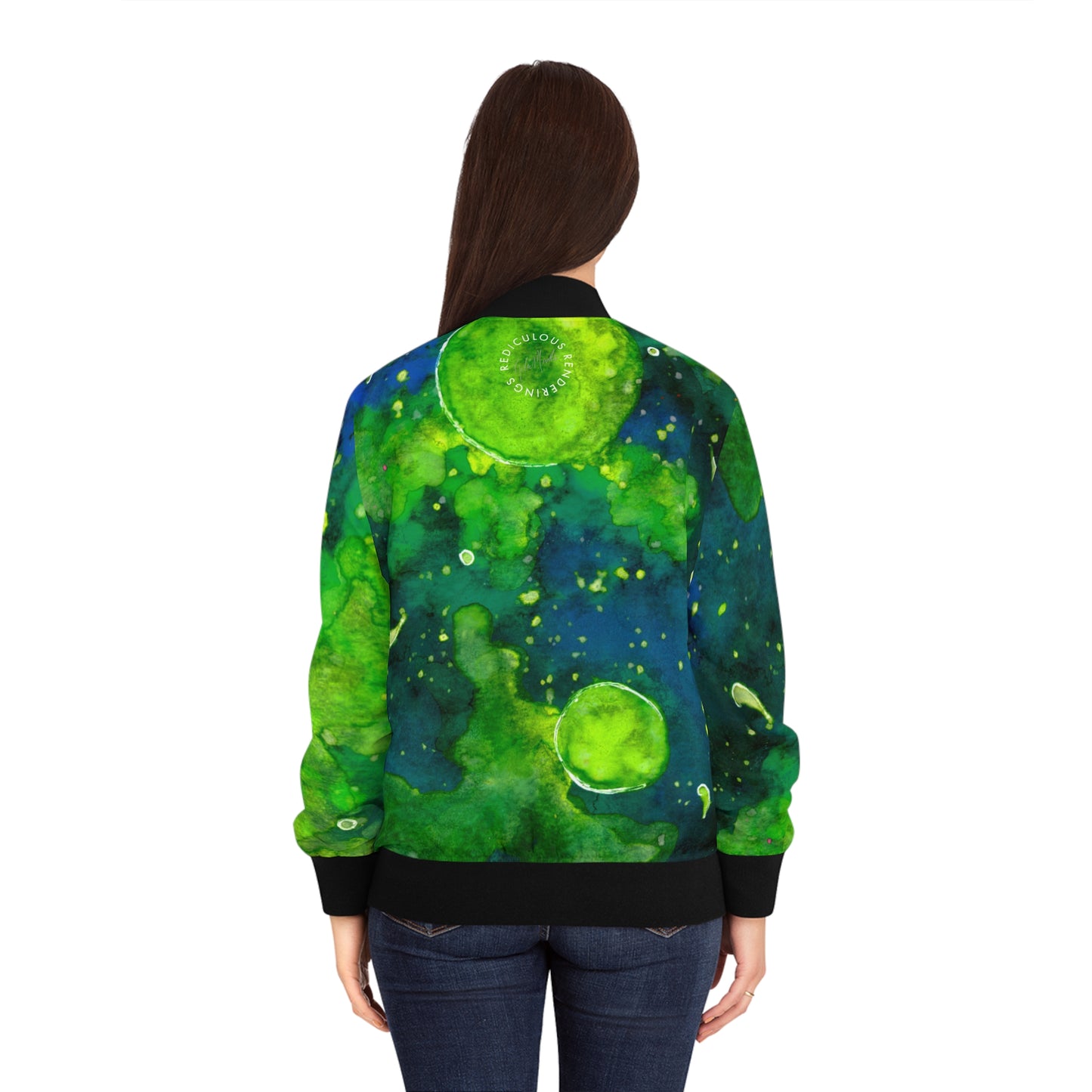 Women's Bomber Jacket — Green Nebula AOP Abstract Watercolor Print