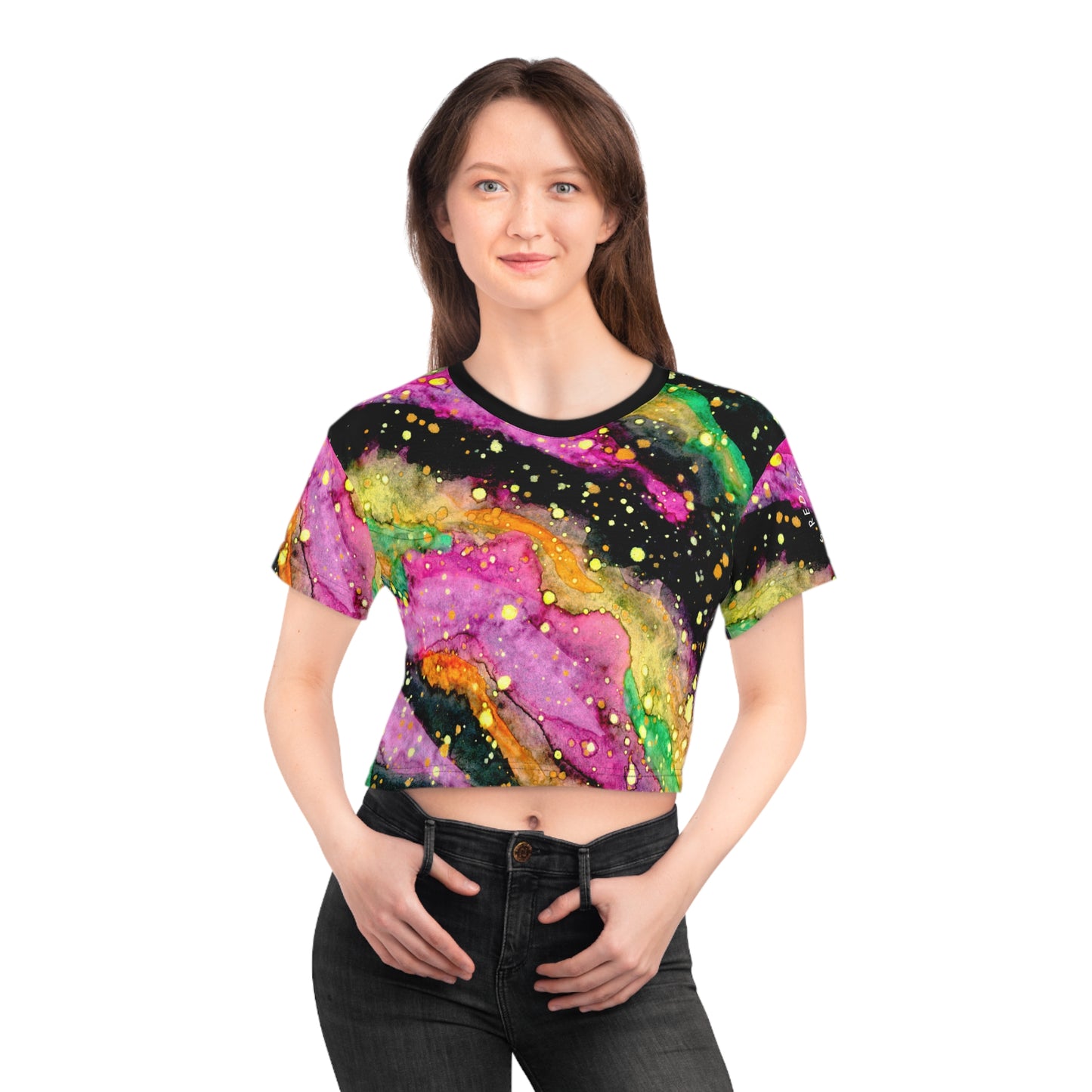 Abstract Galaxy Crop Tee — Colorful Watercolor Marble AOP