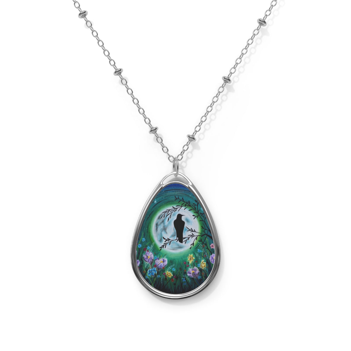 Moonlit Garden Oval Necklace — Silver Teardrop Pendant with Raven Silhouette