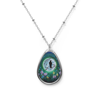 Moonlit Garden Oval Necklace — Silver Teardrop Pendant with Raven Silhouette