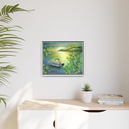 Pontoon Boat on Lake Framed Wall Art