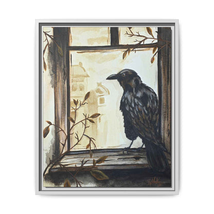 Framed Matte Canvas Print — Raven on Windowpane Wall Art