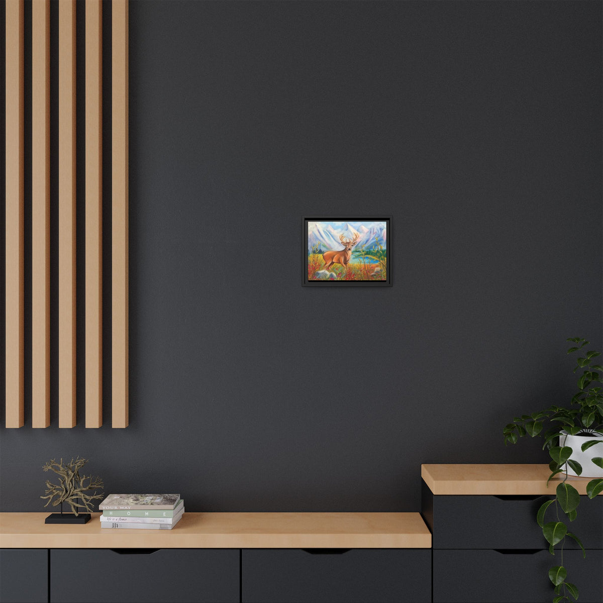 Framed Canvas Wall Art — Majestic Deer in Mountain Meadow