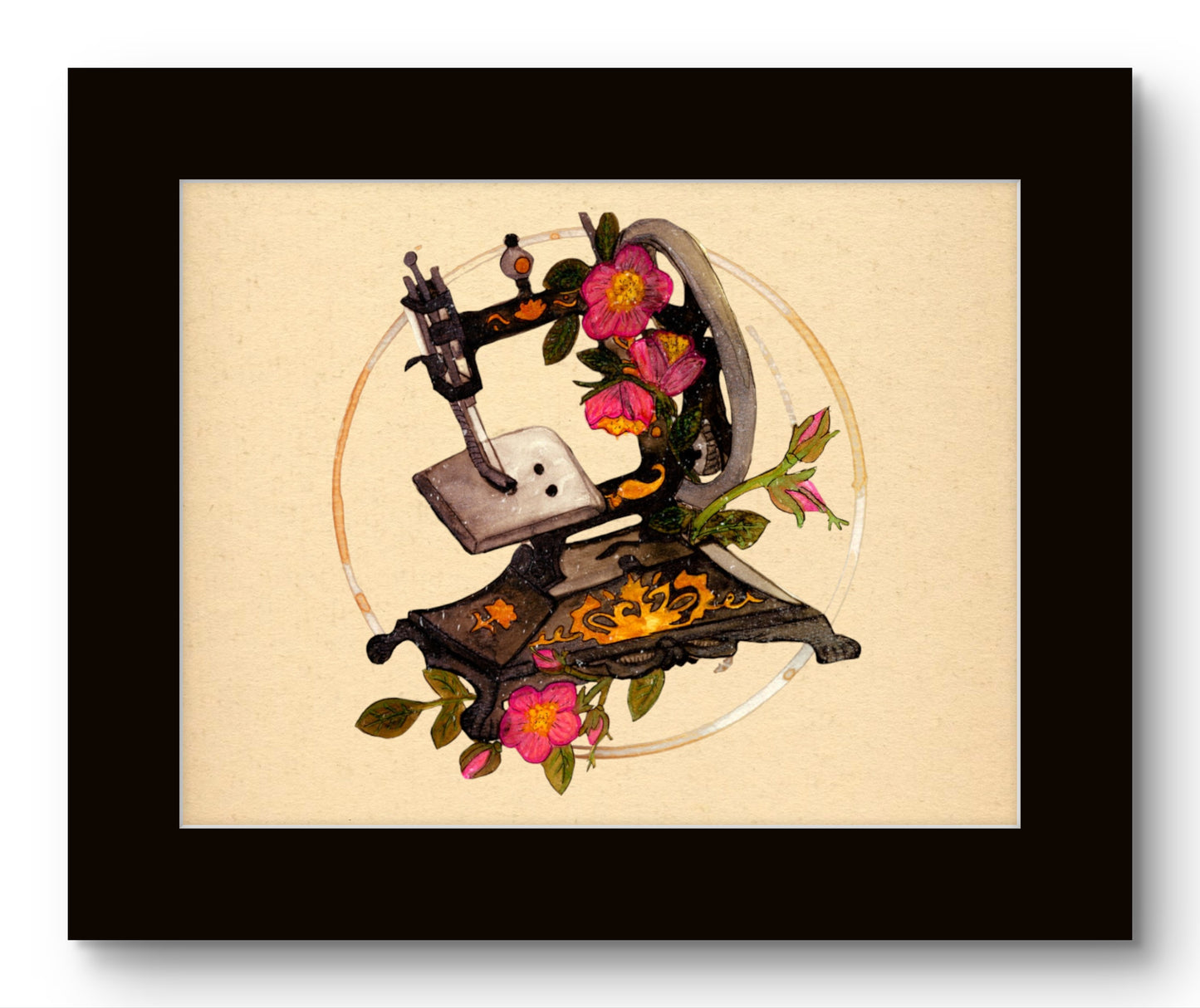 Vintage Antique Sewing Machine with Flowers Watercolor 8x10 Museum Grade Fine Art Print