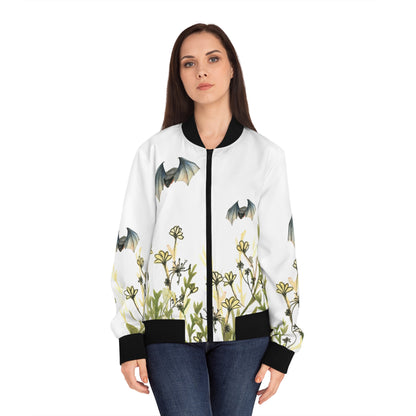 Floral Bat Bomber Jacket — Women's Graphic Bomber with Meadow & Flying Bats