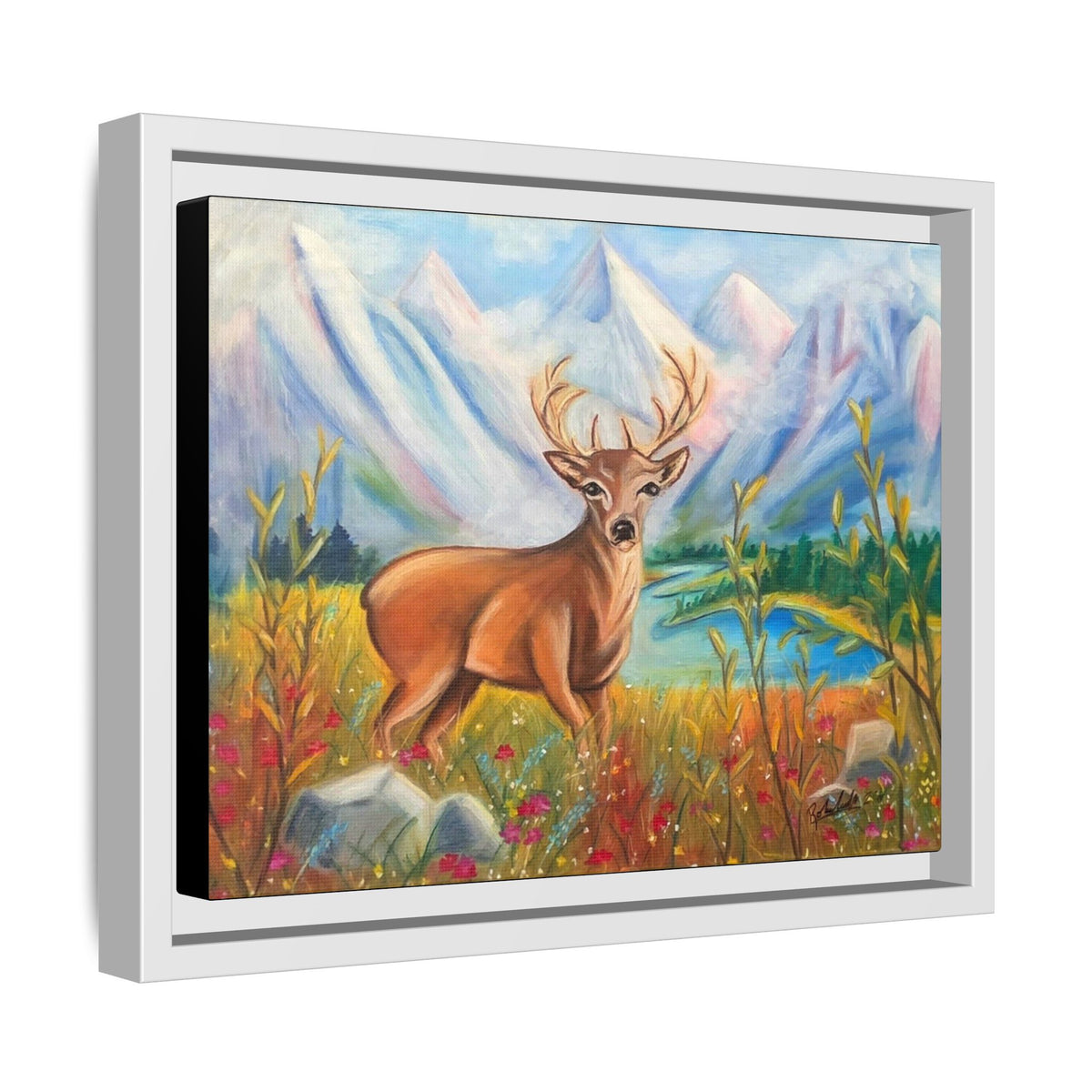 Framed Canvas Wall Art — Majestic Deer in Mountain Meadow