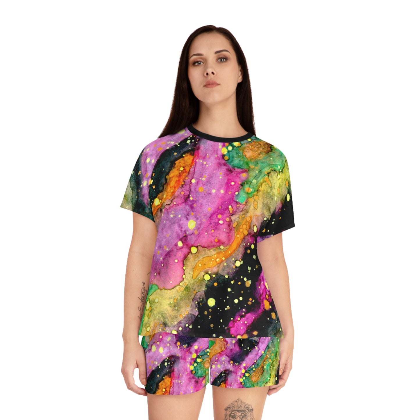 Women's Colorful Galaxy Short Pajama Set — Abstract Watercolor Marble Sleepwear