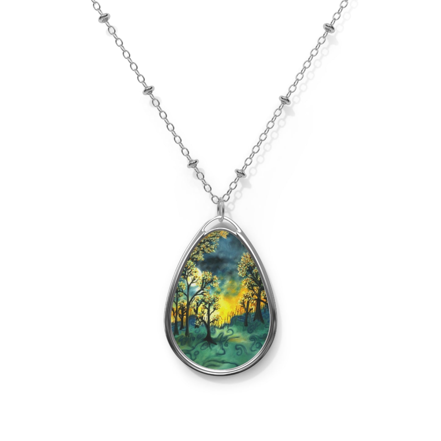 Silver Oval Pendant Necklace with Hand-painted Green Fire Forest Nature Art