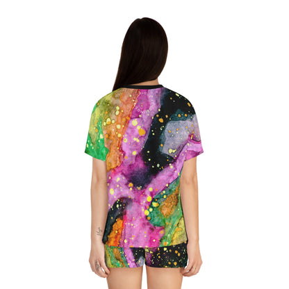 Women's Colorful Galaxy Short Pajama Set — Abstract Watercolor Marble Sleepwear