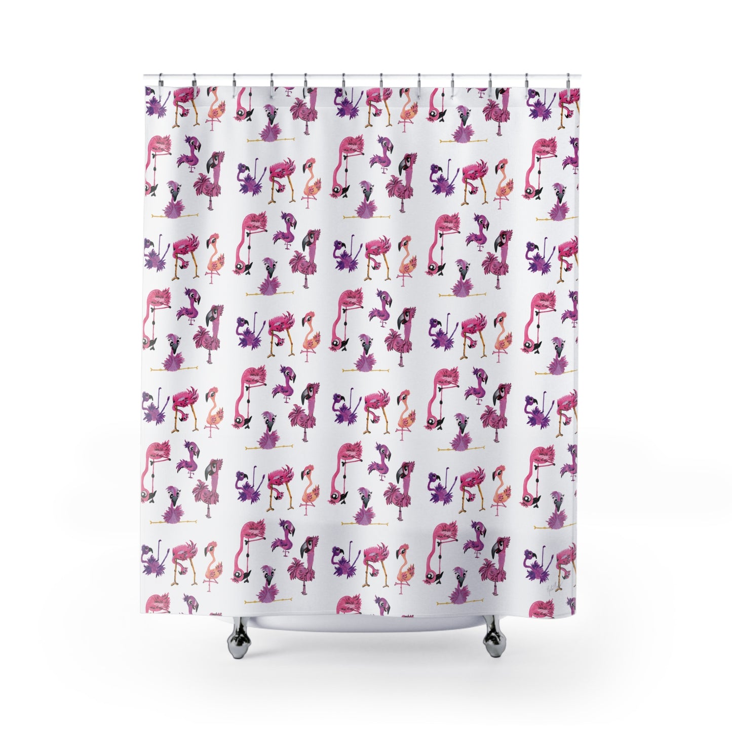 Flamingo Pattern Shower Curtain — Whimsical Pink & Purple Tropical Bath Decor