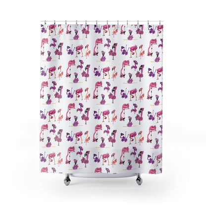 Flamingo Pattern Shower Curtain — Whimsical Pink & Purple Tropical Bath Decor