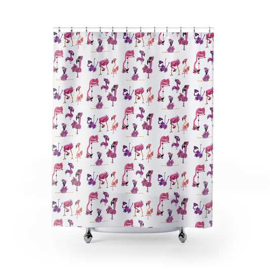 Flamingo Pattern Shower Curtain — Whimsical Pink & Purple Tropical Bath Decor