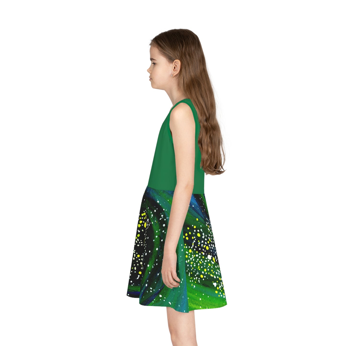 Green Top Spiral Galaxy Girls' Sleeveless Sundress (AOP)