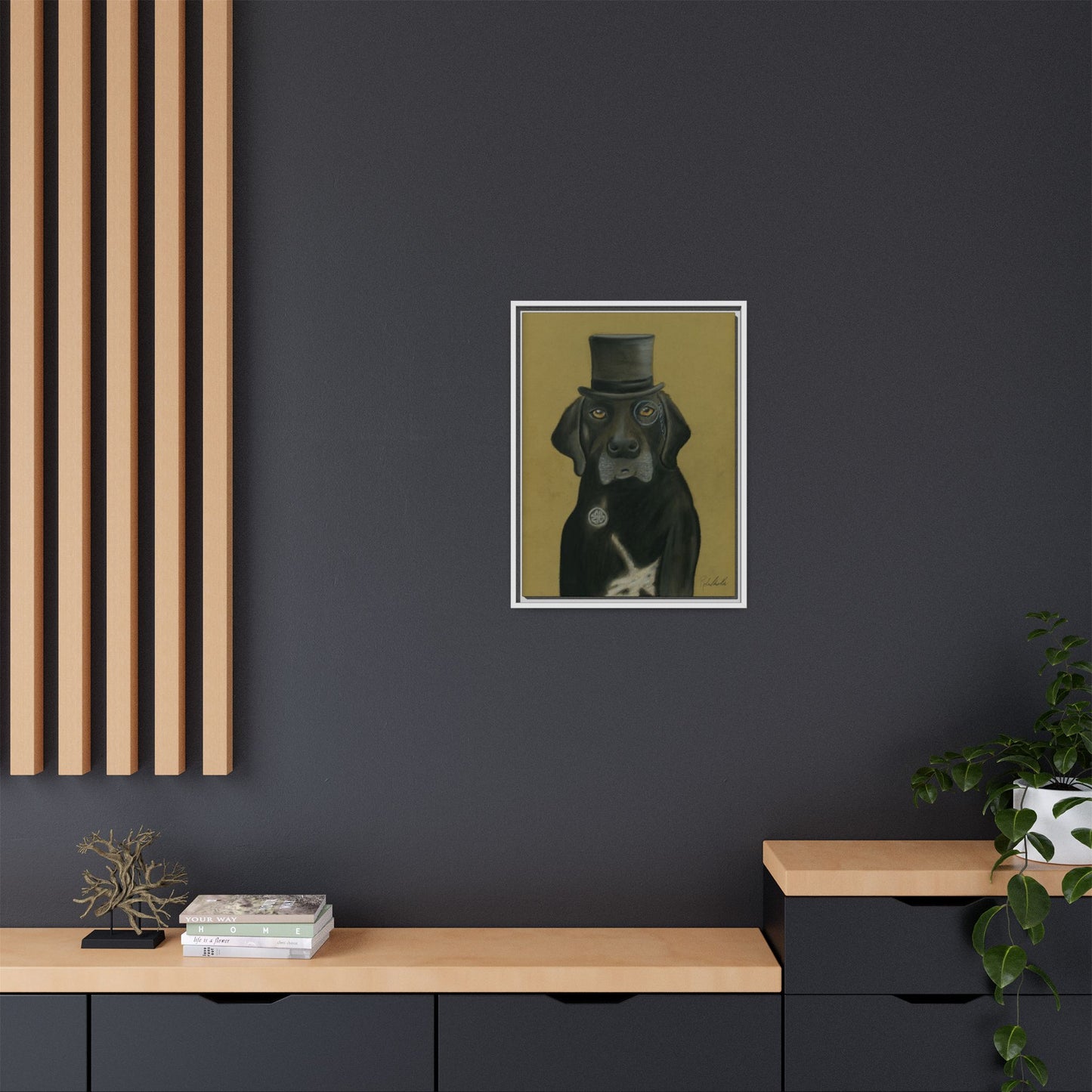 Black Lab Dog in Top Hat Framed Wall Art