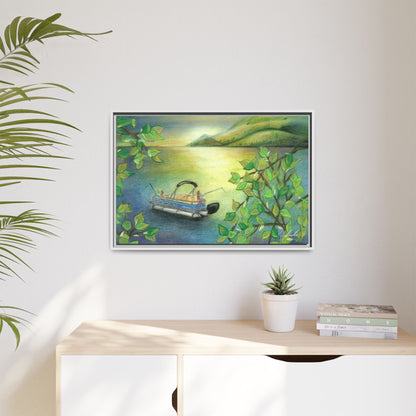 Pontoon Boat on Lake Framed Wall Art
