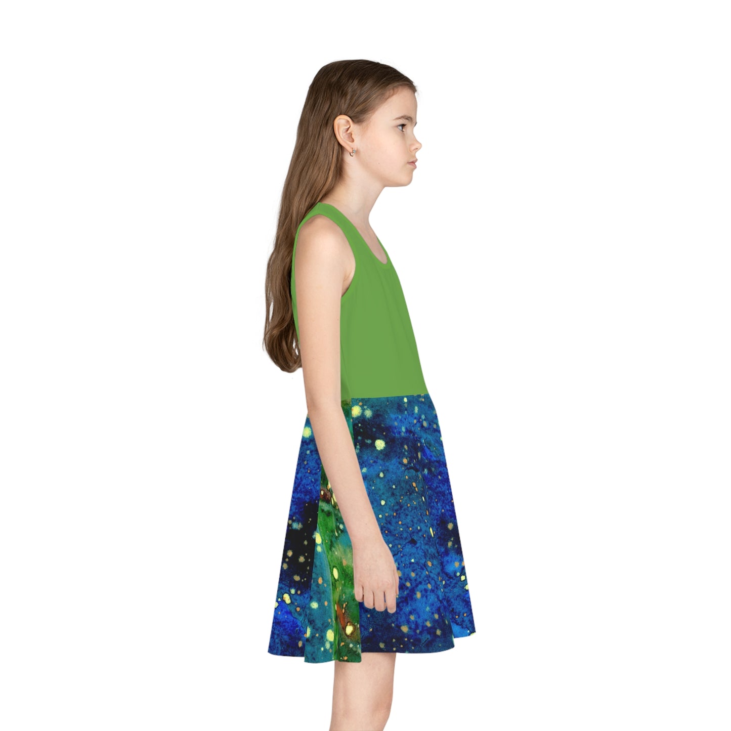 Green Top Blue Planet Galaxy Girls' Sleeveless Sundress (AOP)