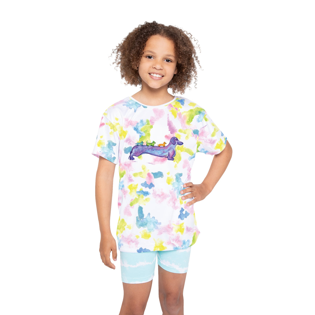 Kids Jersey — Watercolor Tie-Dye Dachshund Crew with 'Good Vibes'