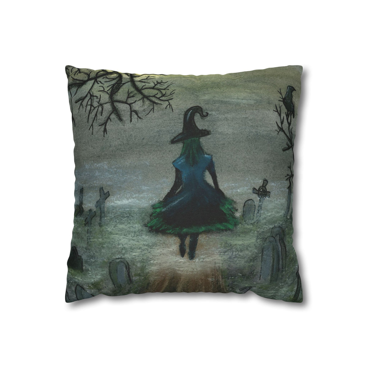 Witch Silhouette Spun Polyester Pillow - Haunted Graveyard Halloween Decor