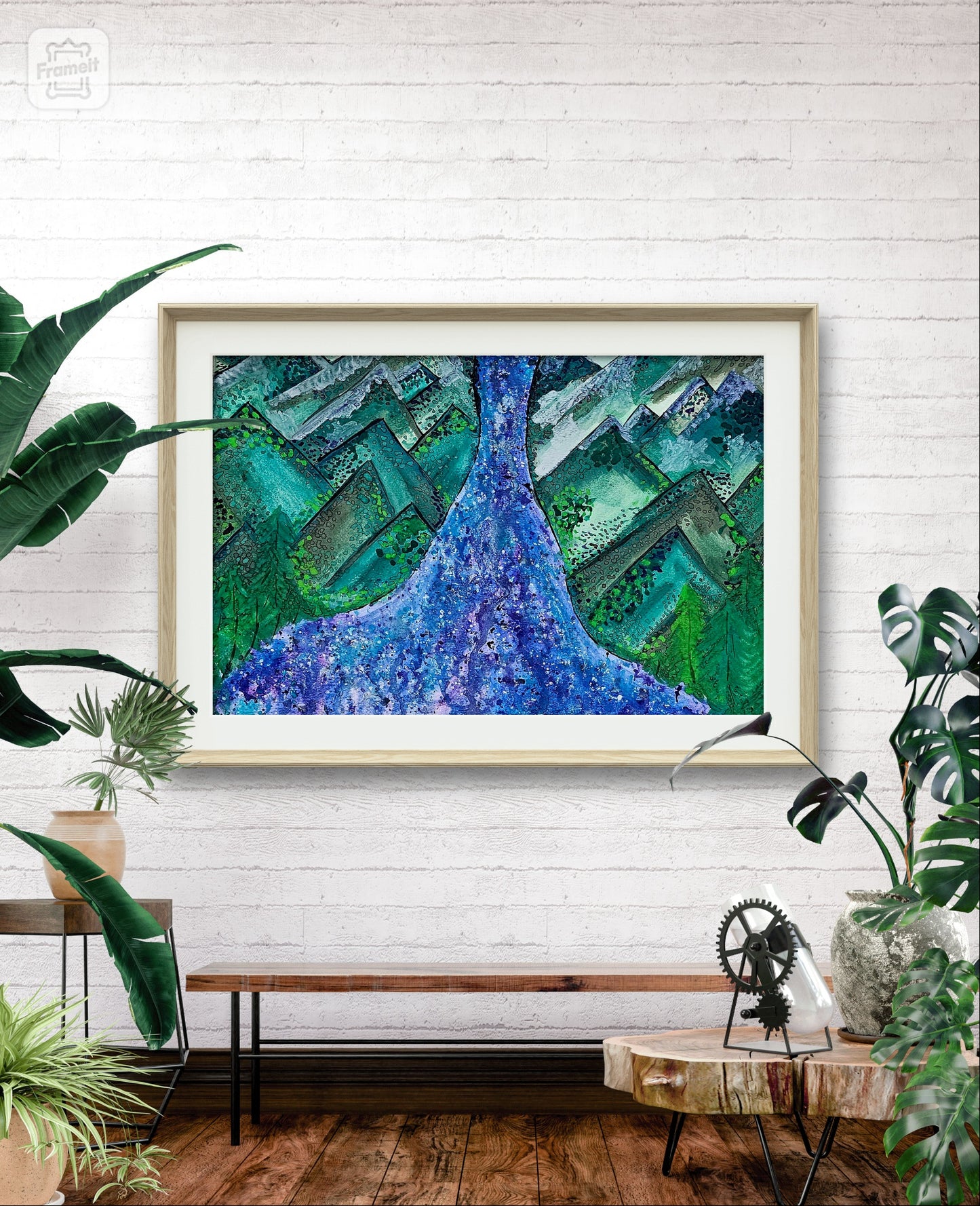 Vibrant Abstract Watercolor River and Mountains 8x10 Museum Grade Fine Art Print