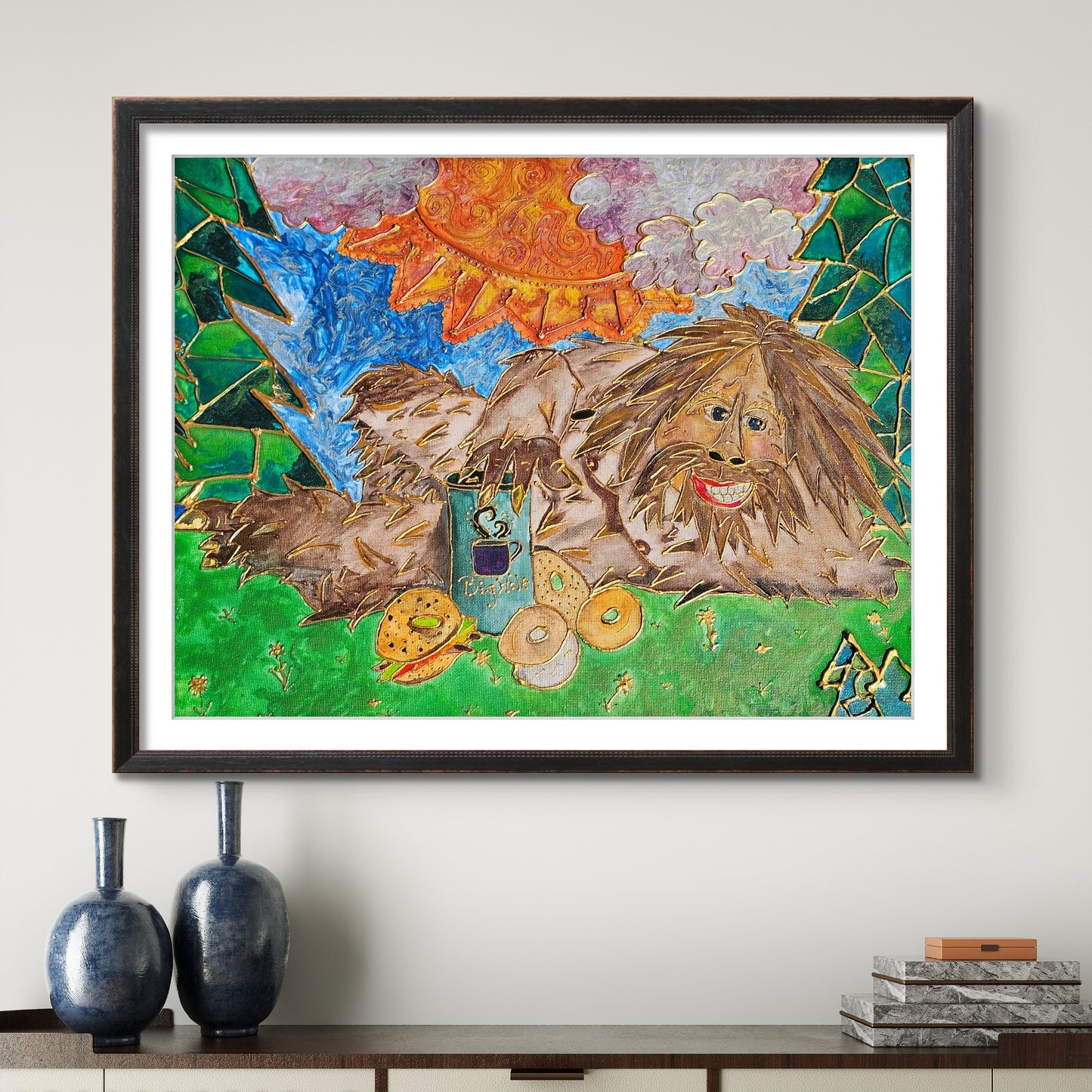 Stained Glass Big Foot Sasquatch Eating breakfast 8x10 Museum Grade Fine Art Print