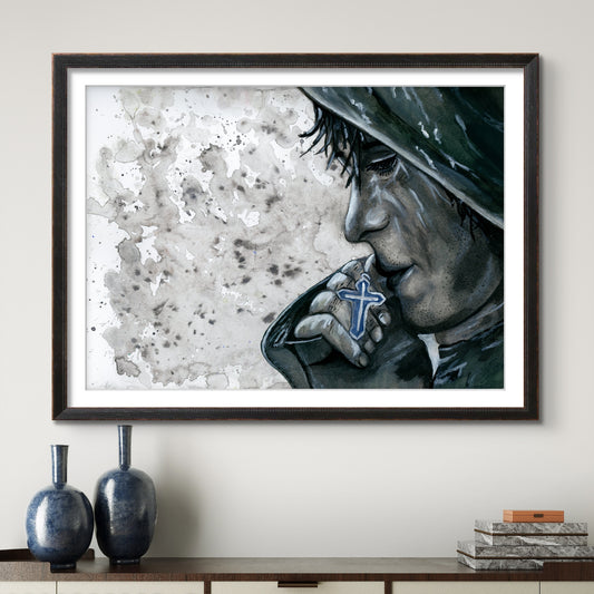 Soldier Praying During War Watercolor 8x10 Museum Grade Fine Art Print