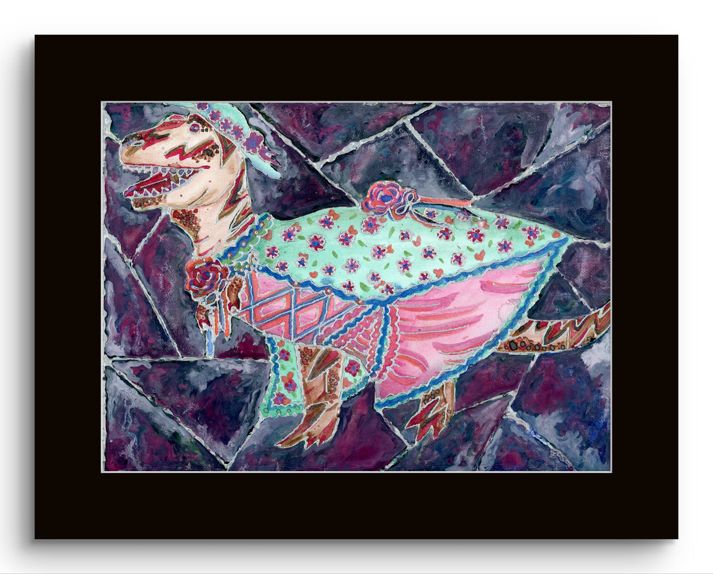 Stained Glass Fancy T-Rex Dinosaur in Dress 8x10 Museum Grade Fine Art Print