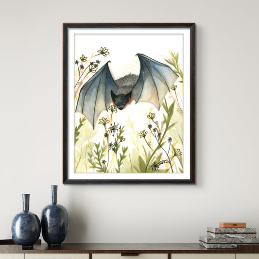 Flying Bat and Flowers Watercolor 8x10 Museum Grade Fine Art Print